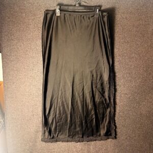 Womens XL Black Satin Lace Trim Midi Slip Skirt Slit Whimsigoth fairy witchy